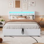 Modernluxe - lit coffre 160x200 cm en tissu lin avec led - prises usb et type - c sur le lit - avec sommier ... Modernluxe - lit coffre 160x200 cm en tissu lin avec led - prises usb et type - c sur le lit - avec sommier ...