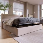 Lit coffre 160x200 cm, tissu lin, tte de lit raye, sommier  lattes, cadre de lit en mtal, lit hydraulique ...
