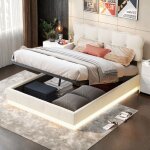 Lit coffre 160x200 cm, tissu velours, lit double avec rangements, t�te de lit, �clairage led, sommier ...