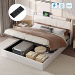 Lit coffre 160x200 cm, avec usb fonction de charge c, hydraulique de rangement, sommier � lattes en bois, ...