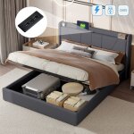 Lit coffre 160x200 cm, avec usb fonction de charge c, hydraulique de rangement, sommier � lattes en bois, ...