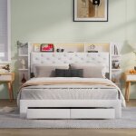 Lit coffre 160x200 cm - usb & led - tiroirs silencieux - rangement optimis� - design moderne blanc