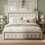 Lit coffre 160x200 cm en velours beige - tte de lit capitonne avec liser dor - style art dco - sommier ...