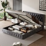 Lit coffre 160x200 cm, velours, finition rivets, sommier � lattes, structure m�tal, lit double adulte ...