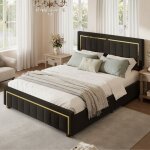 Lit coffre 160x200 cm en velours noir - tte de lit capitonne avec liser dor - style art dco - sommier ...