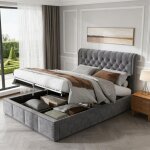 Lit coffre 160x200, lit double 160x200, lit adulte, lit capitonn�, sommier � lattes, design rivet�, style ...