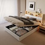 Lit coffre 160x200, lit double capitonn�, lit adulte, avec sommier � lattes, chargement usb, led, tissu ...