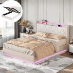 Lit coffre 160x200, lit double capitonn�, led et usb, design moderne, velours, blanc