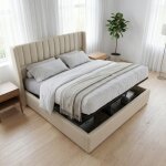 Lit coffre 160x200, lit double capitonn� avec t�te de lit design cannel�e, lit adulte hydraulique, lin, ...