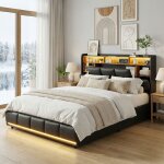 Lit coffre 160x200, lit double avec �clairage led, 2 usb & prises int�gr�es, t�te de lit avec rangement, ...