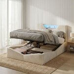 Lit coffre 160x200, lit double avec �clairage led, lit adulte, t�te de lit avec rangement int�gr�, velours, ...