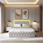 Lit coffre 160x200 - m�canisme silencieux - velours beige - �clairage led rgb - grand rangement