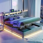 Lit coffre 160x200 avec rangement, lit adulte avec sommier � lattes, t�te de lit modulable avec station ...