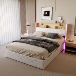 Lit coffre 160x200 scandinave - t�te de lit avec rangement - led rgb et station de charge usb a + c - ...