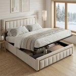 Fortuna lai ? lit coffre 160x200 cm en velours beige ? t�te de lit capitonn�e dor�e ? rangement hydraulique ...