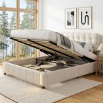 Lit coffre 160x200 avec sommier, �clairage led � d�tecteur de mouvement, lit double avec t�te de lit ...