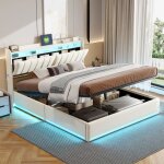 Lit coffre 160x200, lit 160x200 avec sommier, avec tte de lit rangement, bandes lumineuses led en tte ...