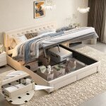 Lit coffre 160x200cm, 2 tiroirs en bout de lit, t�te de lit capitonn� avec bordure en losanges, rangement ...