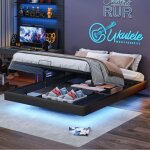 Lit coffre 160x200cm, cadre � lattes, lit flottant avec �clairage led, sans t�te de lit, lit double, ...