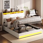 Lit coffre 160x200cm, lit capitonn avec sommier  lattes, avec clairage led et port de charge usb, ...