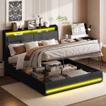 Lit coffre 160x200cm, lit capitonn avec sommier  lattes, avec clairage led et port de charge usb, ...