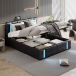 Lit coffre 160x200cm - avec port de charge usb et type - c, t�te de lit �clair�e led, espaces de rangement, ...