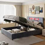 Lit coffre 160x200cm, t�te de lit capitonn�e avec bande lumineuse color�e int�gr�e, rangement, sommier ...