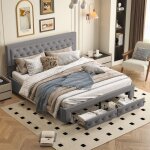 Lit coffre 160x200cm, 2 tiroirs en bout de lit, tte de lit capitonn avec bordure en losanges, rangement ...