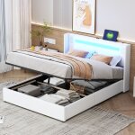 Lit coffre 160x200cm, sommier à lattes, tête de lit capitonnée avec éclairage led et chargement usb, ... Lit coffre 160x200cm, sommier à lattes, tête de lit capitonnée avec éclairage led et chargement usb, ...