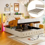 Lit coffre 160x200cm, t�te de lit avec �clairage led, port de charge usb - c et �tag�re, tissu similicuir, ...