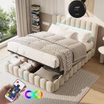 Lit coffre 160x200cm - tissu lin, avec port de recharge usb et type - c, t�te de lit avec �clairage led, ...