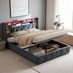 Lit coffre 160x200cm, tissu velours, avec chargement usb + type - c, �clairage led, lit double avec rangement ...