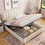 Lit coffre double 160x200cm, bout de lit avec clairage led, rangement hydraulique, velours, sommier ...