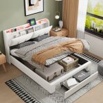 Lit coffre 160x200cm, tissu velours, avec interface de chargement usb et type - c, 1 tiroir, lit double ...