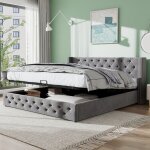 Lit coffre 160x200cm en velours avec sommier  lattes - gris