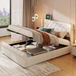 Lit coffre 160x200cm - velours, t�te de lit avec 2 liseuses et recharge usb, lit double avec rangement, ...