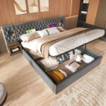 Lit coffre 180x200 cm, lit double rembourr, lit adulte avec tte de lit, 2 tables de chevet, prise usb ...