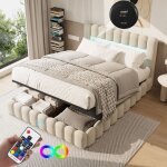 Pergar ? lit coffre 180x200 avec sommier � lattes ? tissu en lin beige ? ports usb et bandes led ? m�canisme ...