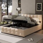 Lit coffre 180x200 cm, 2 places, avec rangement, grille moderne, sommier � lattes en bois, cadre en m�tal, ...