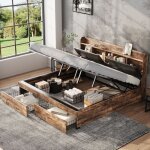 Lit coffre 180x200 cm, 2 places, avec tte de lit de rangement, hydraulique, 2 tiroirs, sommier  lattes ...