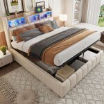 Lit coffre 180x200 cm, lit adulte , tissu lin avec led multicolore, ports usb & type - c, rangement hydrauliqu ...