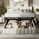 Lit coffre 180x200 cm design en tissu beige - tte de lit cannele avec led et ports usb - sommier relevable ...