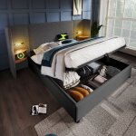 Lit coffre 180x200 cm, lit double capitonn avec table de chevet, lampe de lecture et fonction de charge ...