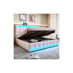 Lit coffre 180x200 cm, lit double avec �clairage led et prise usb, tissu en lin, beige, sans matelas