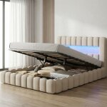 Fortuna lai ? lit coffre 180x200 cm tissu beige ? t�te de lit cannel�e avec led ? sommier relevable par ...