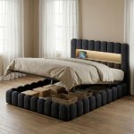 Fortuna lai ? lit coffre king size 180x200 cm tissu gris ? t�te de lit led rgb avec ports usb ? sommier ...
