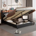 Lit coffre 180x200cm, lit capitonn� avec sommier � lattes, t�te de lit d�cor�e de boutons, avec �clairage ...