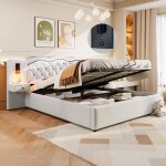 Modfu - lit coffre 180x200cm, lit double avec liseuse, 180x200cm, usb, lin, t�te de lit allong�e, lit ...