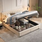 Lit coffre 180x200 cm avec rangement, 2 tiroirs, velours, sommier  lattes en bois massif, style scandinave, ...