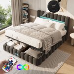 Lit coffre 180x200cm - tissu lin, avec port de recharge usb et type - c, tête de lit avec éclairage led, ... Lit coffre 180x200cm - tissu lin, avec port de recharge usb et type - c, tête de lit avec éclairage led, ...